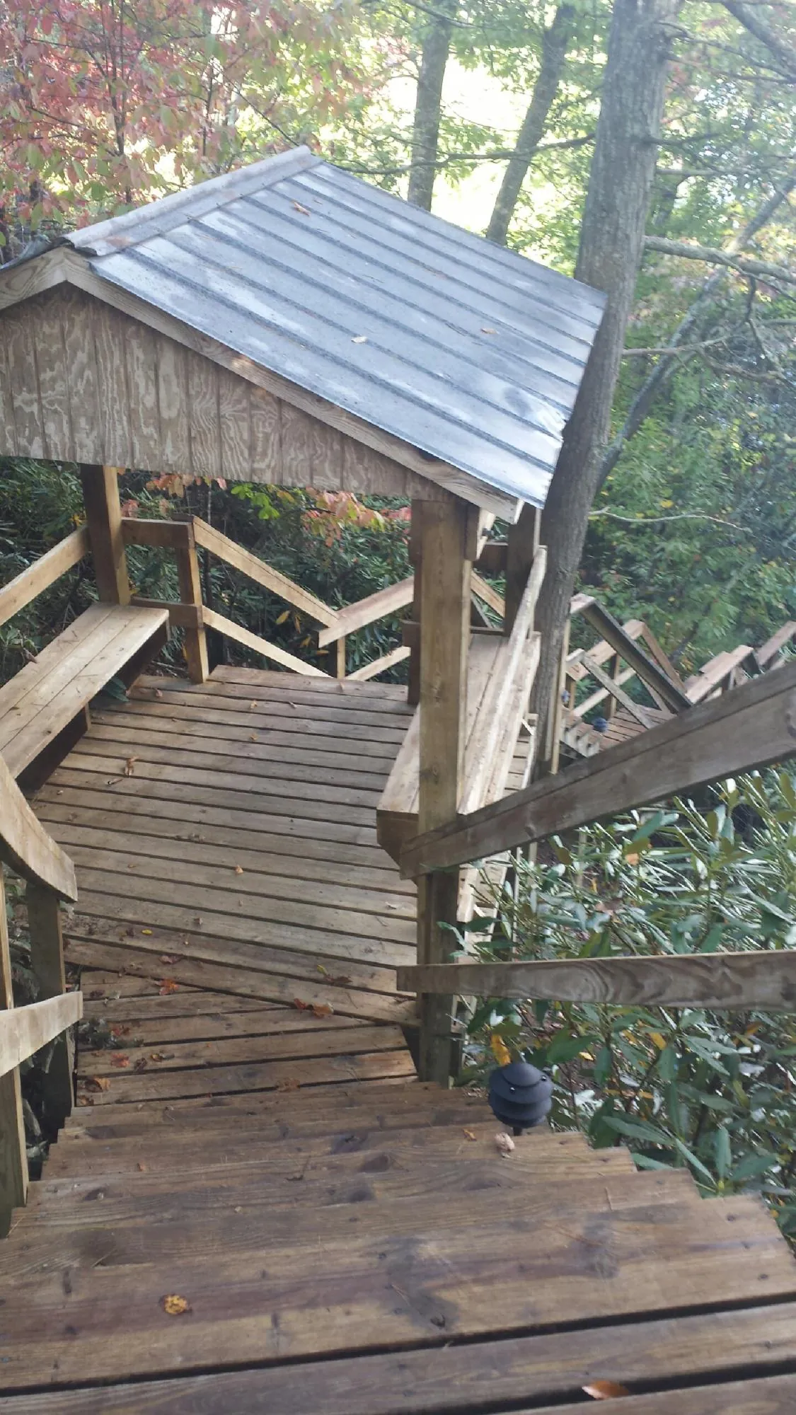 Metal roofed shelter over wooden steps on a wooded walkway — Skylight Repair & Installation work by our crew in Crystal City